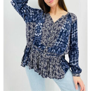 Free People Ratio Dropwaist Tunic Blouse Top Floral in Midnight Blue Size XS